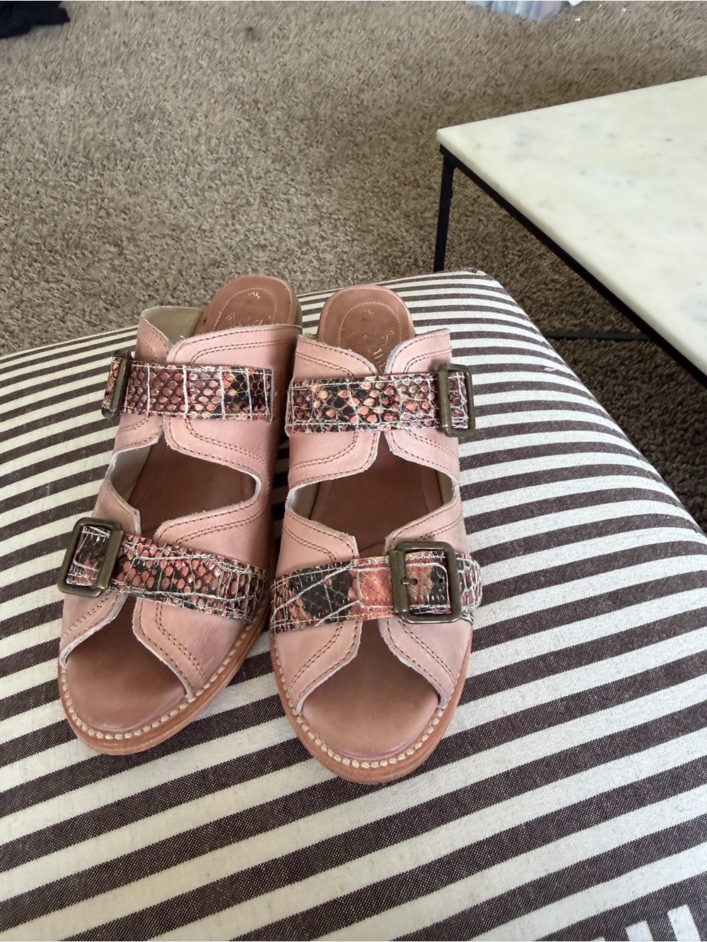 Freebird Caprice Blush Pink Buckle Slide Mules with Snake-Print Straps - Picture 5 of 5